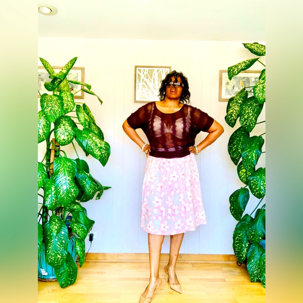 ✨ Eloquii✨ A Line Midi Skirt W/High Sheen Blush Embroidered Floral Overlay